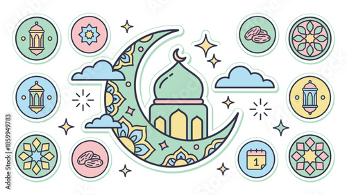 Islamic Crescent Moon Mosque and Ramadan Symbols Illustration.