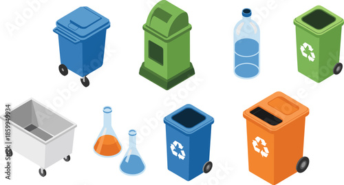 Isometric recycling and waste management icons set with trash bins, bottles, containers and laboratory flasks, eco friendly illustration