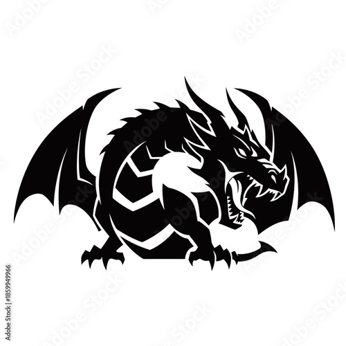 A fierce black dragon with large wings spread wide, depicted in a stylized, graphic silhouette against a white background.