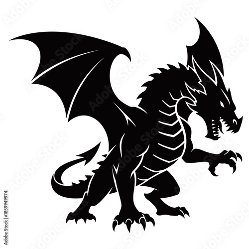 A striking black silhouette of a fearsome dragon with its wings spread wide, sharp claws extended, and teeth bared in a menacing roar.
