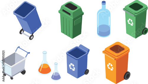 Isometric recycling and waste management icons set with trash bins, bottles, containers and laboratory flasks, eco friendly illustration