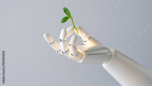 Robotic hand holding a small green sprout, symbolizing growth, technology, and the future
