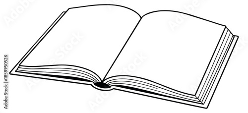 Line art illustration of an open book depicting blank pages for education and writing