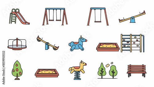 Collection of colorful playground equipment icons isolated on white background.