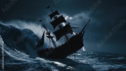 Dramatic sailing ship battling stormy ocean waves and lightning strikes.