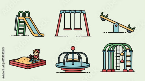 Collection of colorful playground equipment icons on a light background.