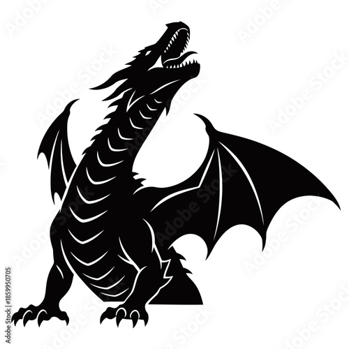 Black silhouette of a roaring dragon with large, spread wings, depicted in a stylized graphic art style.