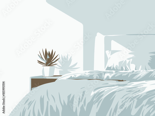 Serene Bedroom with Plant and Sunlight Shadow