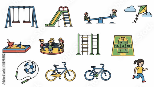 Collection of colorful playground equipment and toys for children.