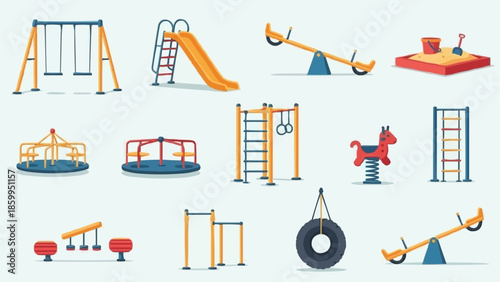 Collection of colorful playground equipment for children.