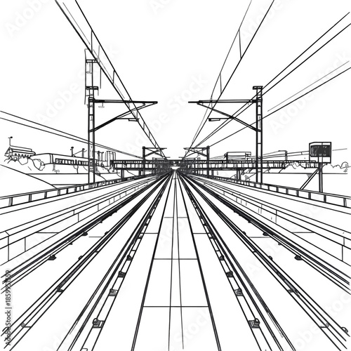Perspective View Of Railway Tracks Leading Towards A Distant Horizon With Overhead Wires And Poles Under A Clear Sky