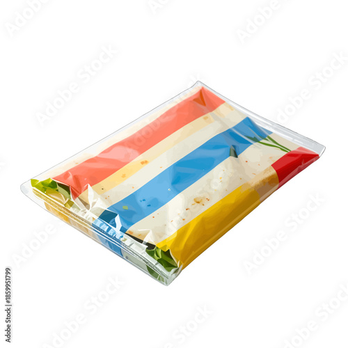 Sealed Transparent Plastic Bag Containing Fresh Green Lettuce And Colorful Striped Food Item With White Background