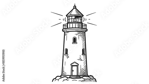 Detailed Black and White Lighthouse Illustration with Shining Light Beams.