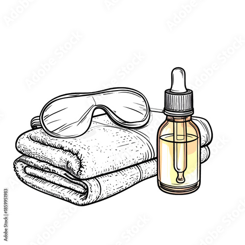 Spa relaxation set featuring a folded towel pair eye mask and a dropper bottle of essential oil on a white background with minimalist line art