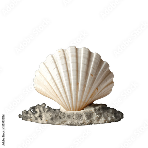 A Single Cream Colored Scallop Shell Rests On Rough Textured Gray Rock Against A White Background.