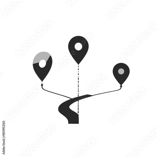 Three Dark Gray Location Pointers Connected by Curved Lines to a Winding Path illustration