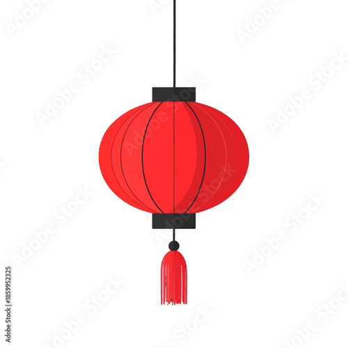 A Single Red Chinese Lantern With Black Accents And A Tassel Hanging Isolated On A White Background