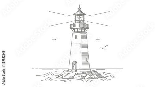 Detailed Line Art Illustration of a Coastal Lighthouse Structure.
