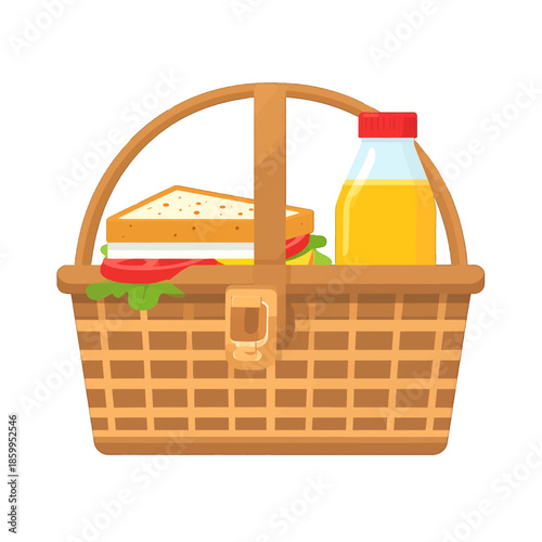 Wicker Picnic Basket Filled With A Sandwich And A Bottle Of Yellow Drink Ready For An Outdoor Meal On A Sunny Day