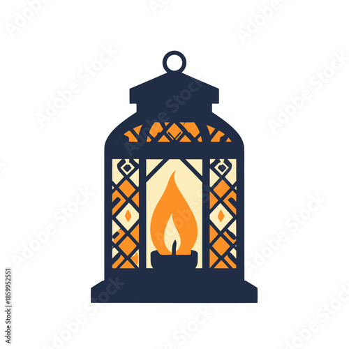 Ornate Dark Blue Lantern With Orange Geometric Pattern And Flickering Yellow Flame On White Background
