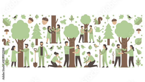 People planting trees and caring for nature together.