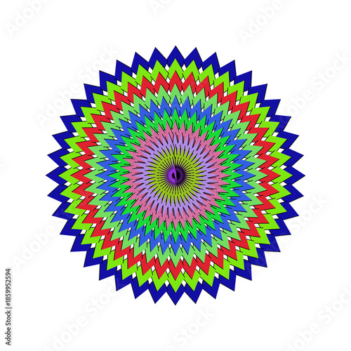 Jagged Edge Geometric Mandala with Vibrant Blue Green and Red Zigzag Patterns