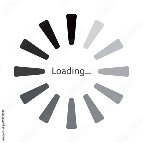 モノクロのグラデーションの細長い台形が円状に並ぶローディングのマークのベクターイラスト。Webサイトやゲーム、データなどの読み込み中を表すフラットなUIアイコン