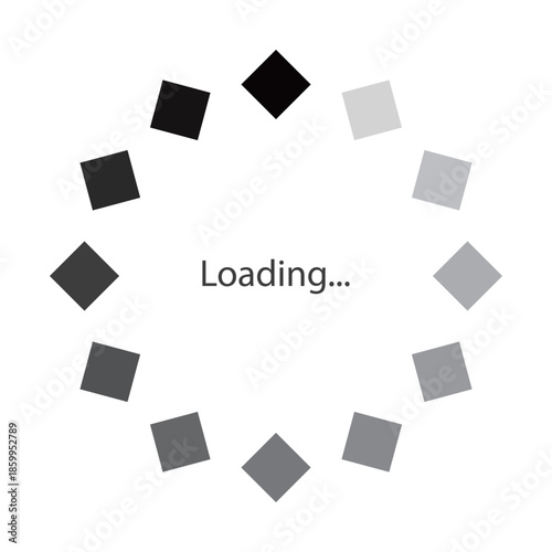 モノクロのグラデーションのダイヤが円状に並ぶローディングのマークのベクターイラスト。Webサイトやゲーム、データなどの読み込み中を表すフラットなUIアイコン