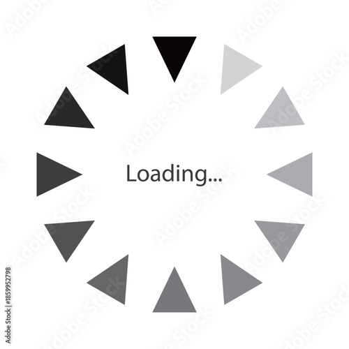 モノクロのグラデーションの三角形が円状に並ぶローディングのマークのベクターイラスト。Webサイトやゲーム、データなどの読み込み中を表すフラットなUIアイコン