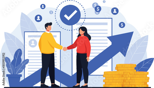 Business partners shaking hands for successful deal and financial growth concept with profit arrow and money coinsBusiness partners shaking hands for successful deal and financial growth concept with 