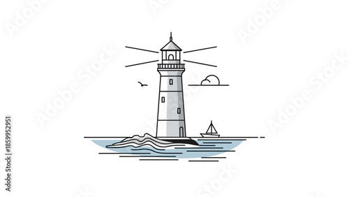 Minimalist Lighthouse Illustration with Light Beams Sea and Sailboat.