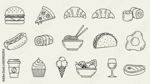 Collection of delicious food and drink icons in line art style.