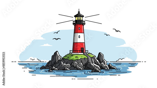 Vector Illustration of a Red and White Lighthouse on Rocky Island.