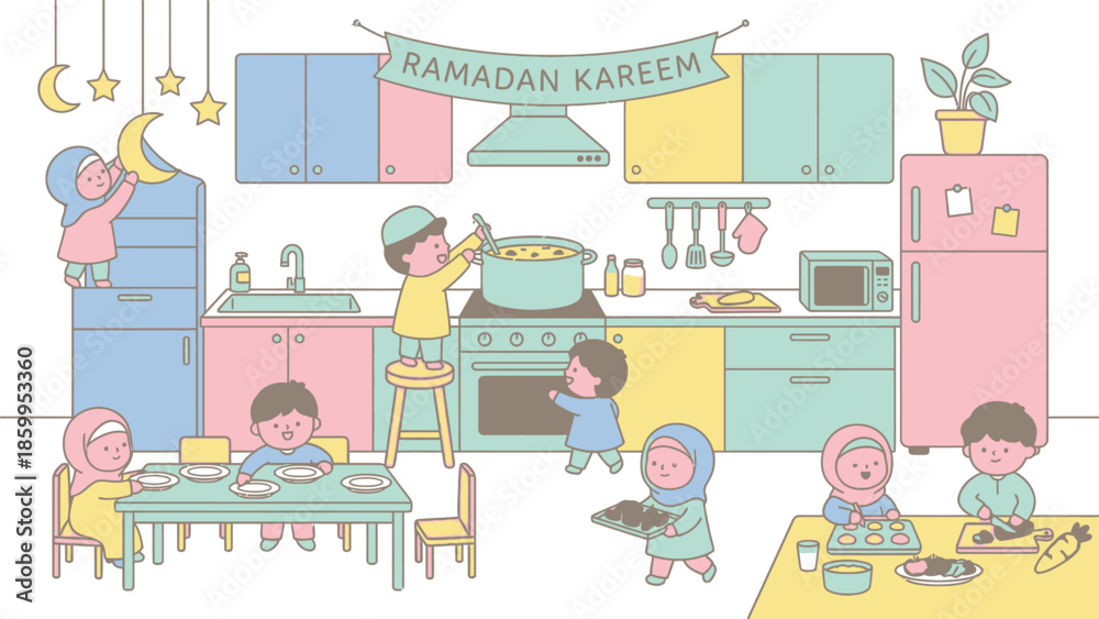 Fototapeta premium Ramadan Kareem family preparing food together in kitchen.
