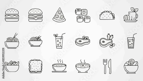 Collection of delicious food and drink icons in a simple line art style.