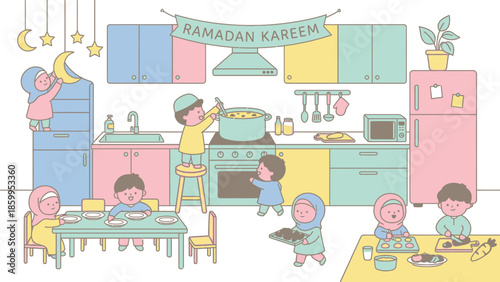 Ramadan Kareem family preparing food together in kitchen.