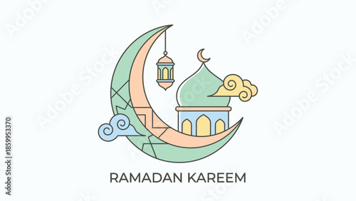 Ramadan Kareem Crescent Moon Mosque Lantern Clouds Islamic Celebration.