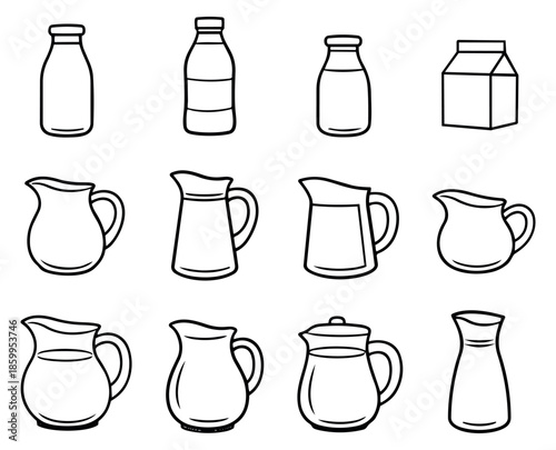 Simple line art drink containers set featuring bottles, cartons, and jugs for beverages