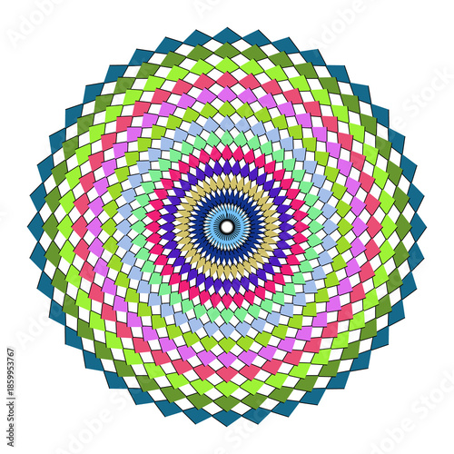 Intricate Kaleidoscope Vector Art with Green and Pink Geometric Shapes in Circular Design