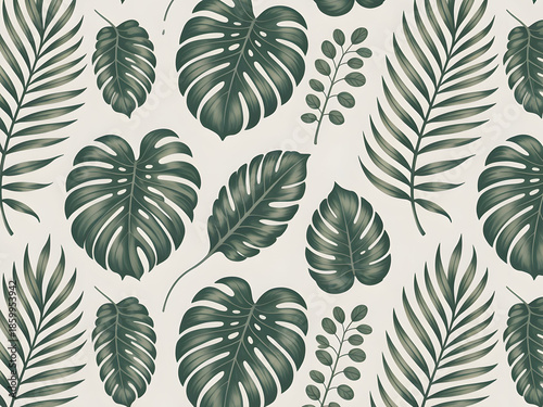 Tropical Leaf Pattern Design with Monstera and Palm Leaves on Cream Background Vector Illustration