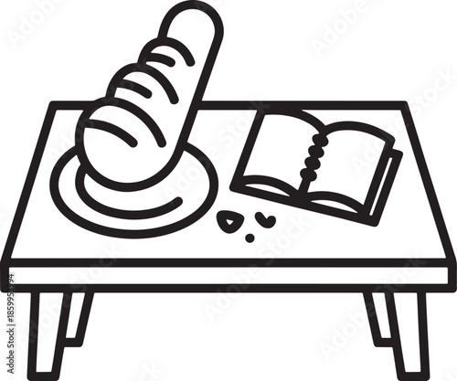 Bakery outline illustration with baguette on plate and open notebook on table in minimalist style