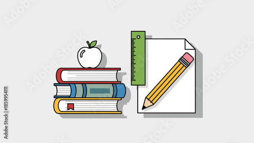 Stack of Books with Apple and Stationery.