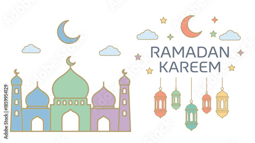 Ramadan Kareem Islamic Mosque and Lanterns Celebration.