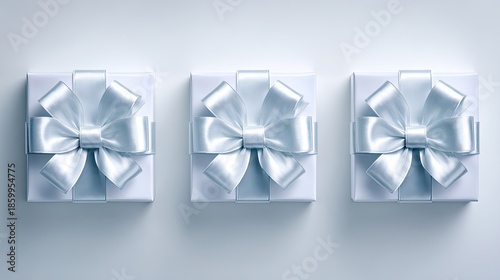 Three elegantly wrapped gift boxes with silver ribbons on a soft white background for festive occasions and celebrations