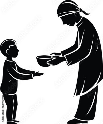 Silhouette Of A Person Giving Charity Or Zakat To A Child