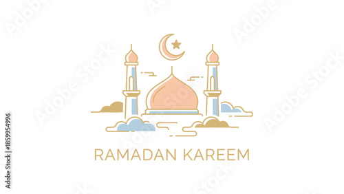 Ramadan Kareem Mosque and Crescent Moon Illustration.