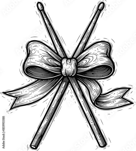 Linocut-style drumsticks forming a ribbon bow thick carved edges bold vector illustration design