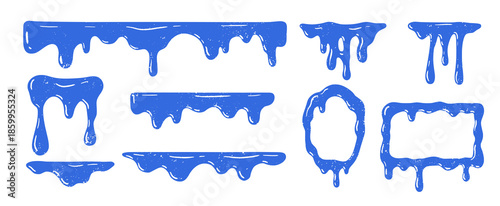  Blue paint drips create dynamic liquid frames with splashing borders, perfect for modern vector design elements and creative graphic decoration projects.