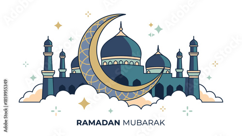 Ramadan Mubarak Crescent Moon Mosque Islamic Celebration.