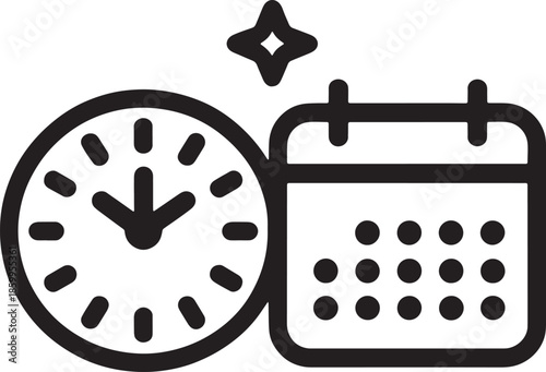 Time and date planner icon showing analog clock face next to monthly calendar for organization